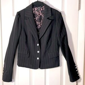 Guess Jeans Y2K cropped pinstriped blazer jacket black pink rhinestone buttons L